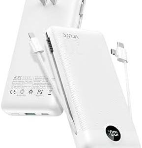 VRURC Power Bank 20000mAh, Fast Charging Portable Charger USB C,4 Output 2 Input Travel Essentials Charging Bank Equipped with LED Display,Built-in Wall Plug and Cables,Phone Charger Battery,White