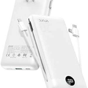 VRURC Power Bank 20000mAh, Fast Charging Portable Charger USB C,4 Output 2 Input Travel Essentials Charging Bank Equipped with LED Display,Built-in Wall Plug and Cables,Phone Charger Battery,White